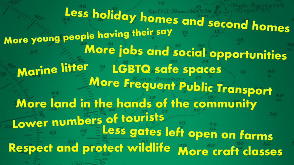 A graphic showing topics Young Islanders thought were important, including more jobs and social opportunities, fewer holiday homes and second homes and more frequent public transport.