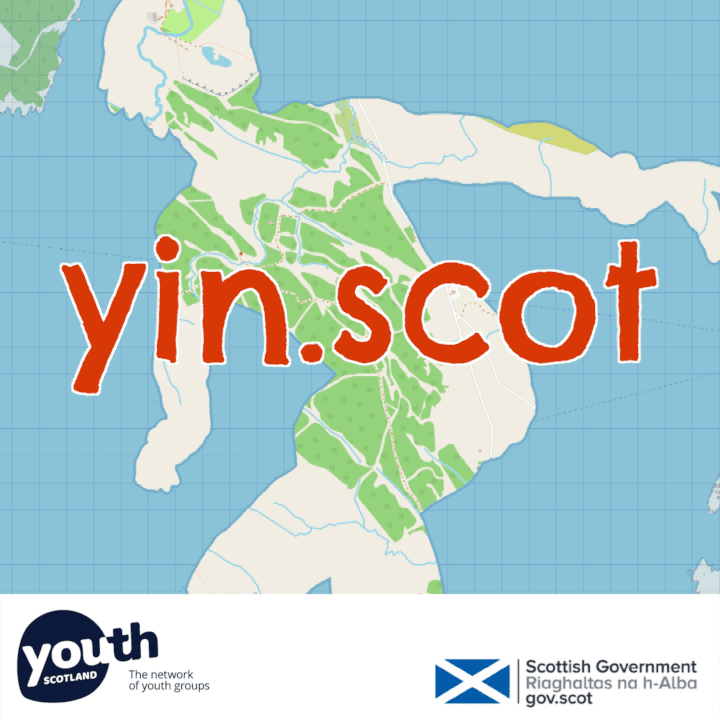 Drawn picture of young islander over the top of map images. Text overlay reads 'yin.scot' and image includes logos of Youth Scotland and the Scottish Government. 