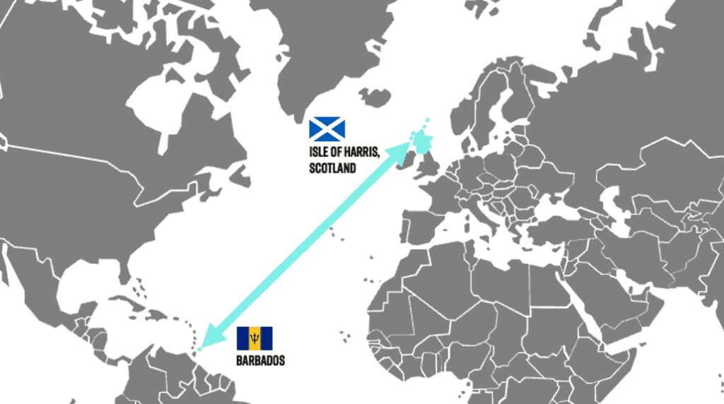 World map with a blue arrow pointing between the island of Barbados and the Isle  of Harris, Scotland.