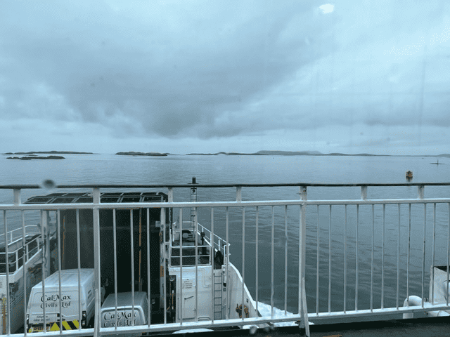 ferry view and water. some small islands in distance