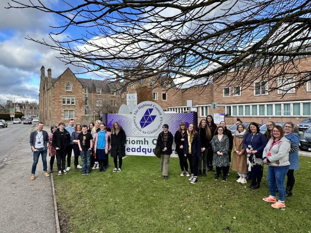 Young people and youth workers gather outside Highland Council HQ 