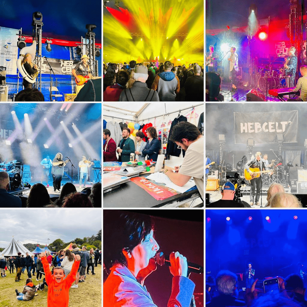 collage of festival pictures.  Bright lights. bands playing. music festival. happy child