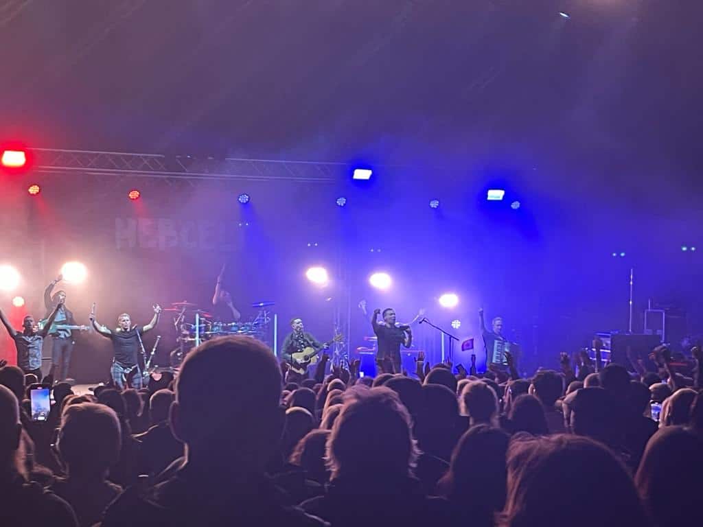 Skerryvore Hebcelt 2023 main stage performance crowds cheering and lights on
