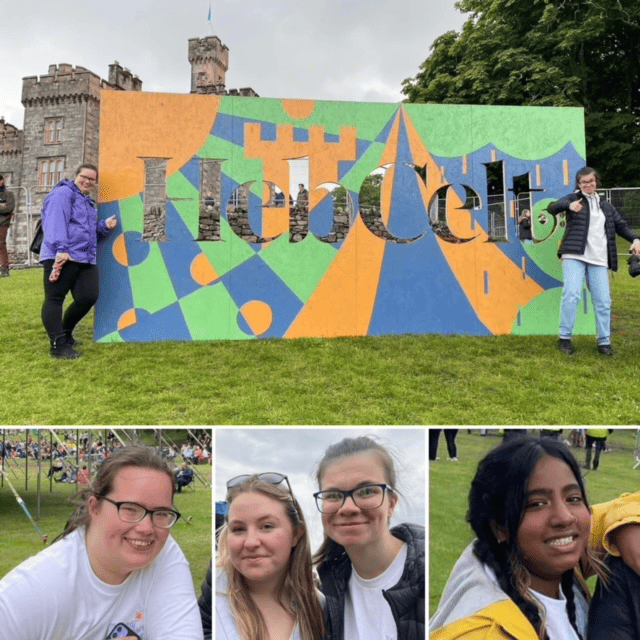 A collage of images of young people at the HebCelt festival. At the top two young people smile and give the thumbs up beside a sign that says 'HebCelt.' Below, a block of three show portraits of young people outside.