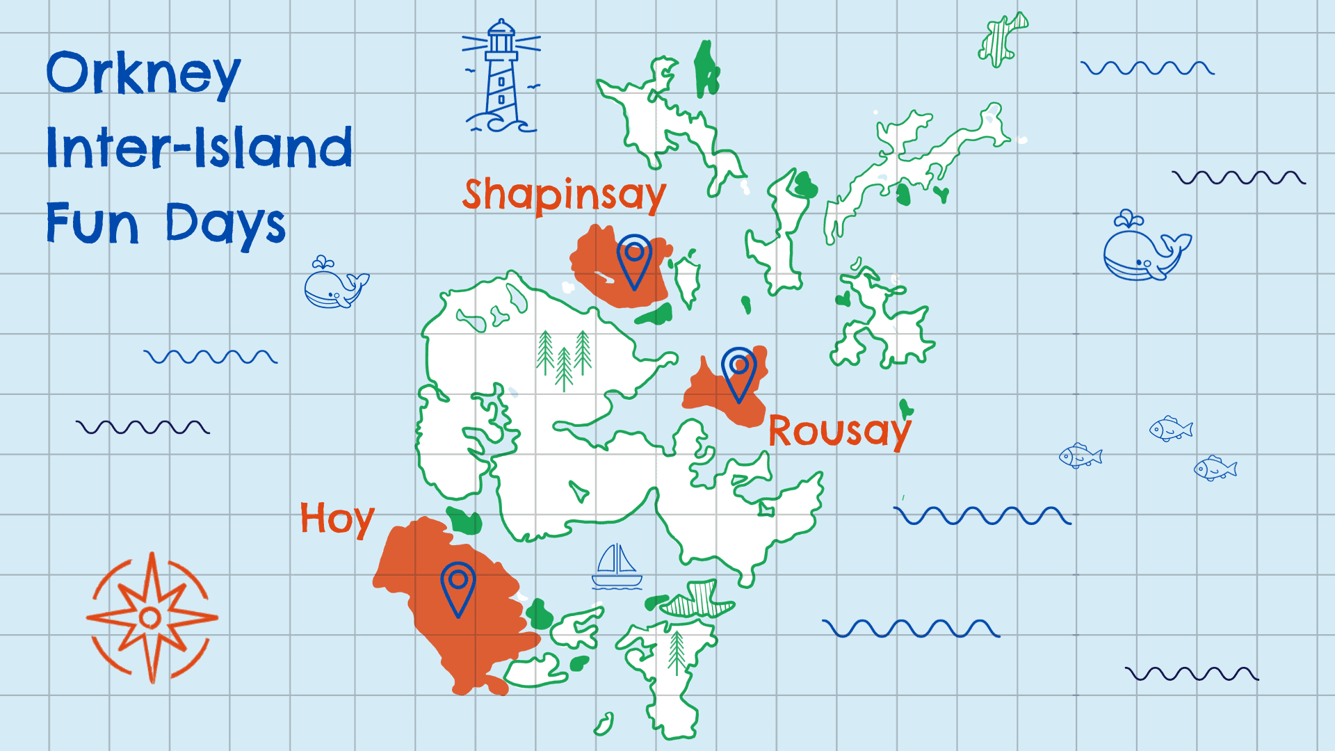 Animated map of the Orkney islands highlighting Rousay, Shapinsay and Hoy.