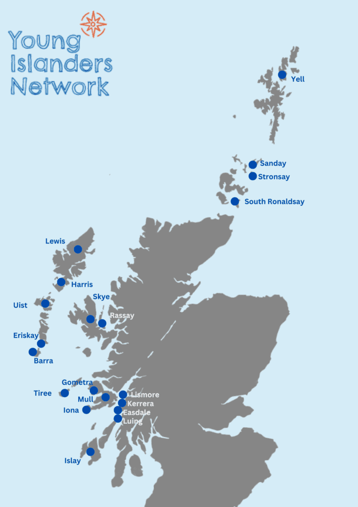 An animated map of Scotland with highlights and name tags on islands where young people participated in the challenge. 