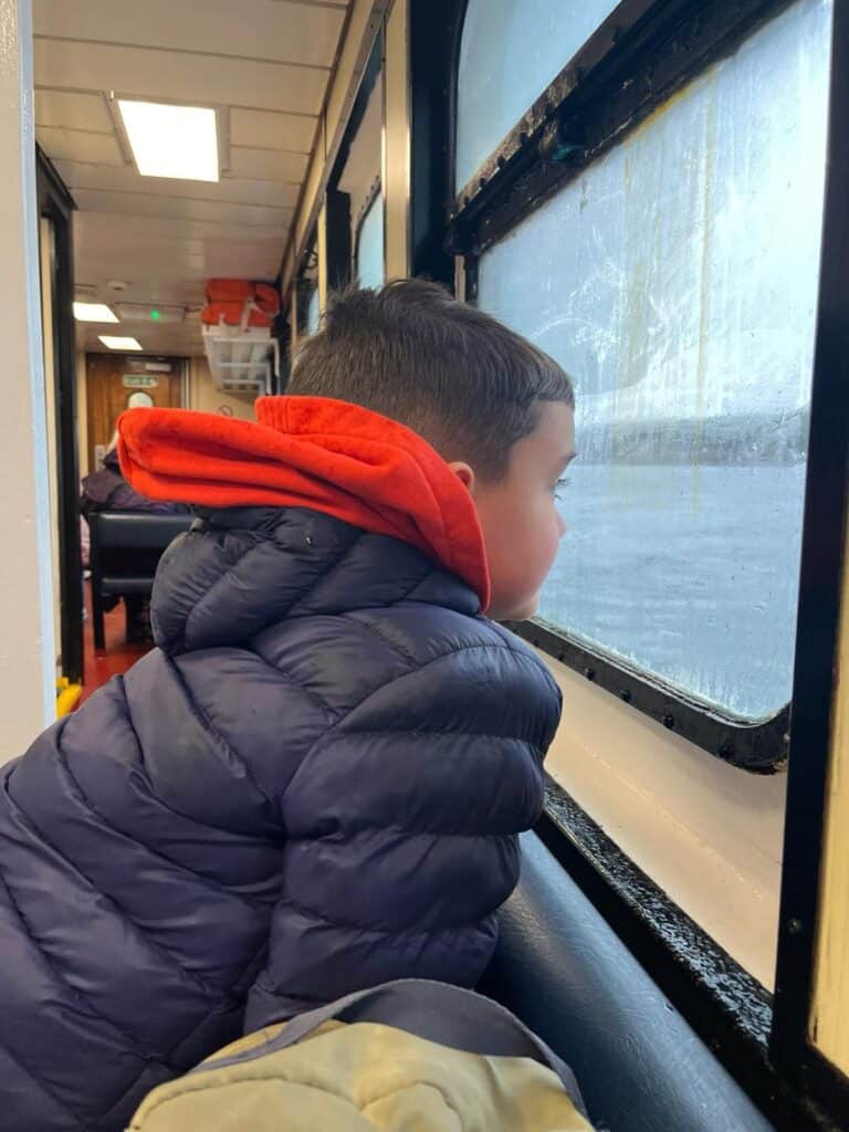 A boy on a ferry looking out of a dirty window.
