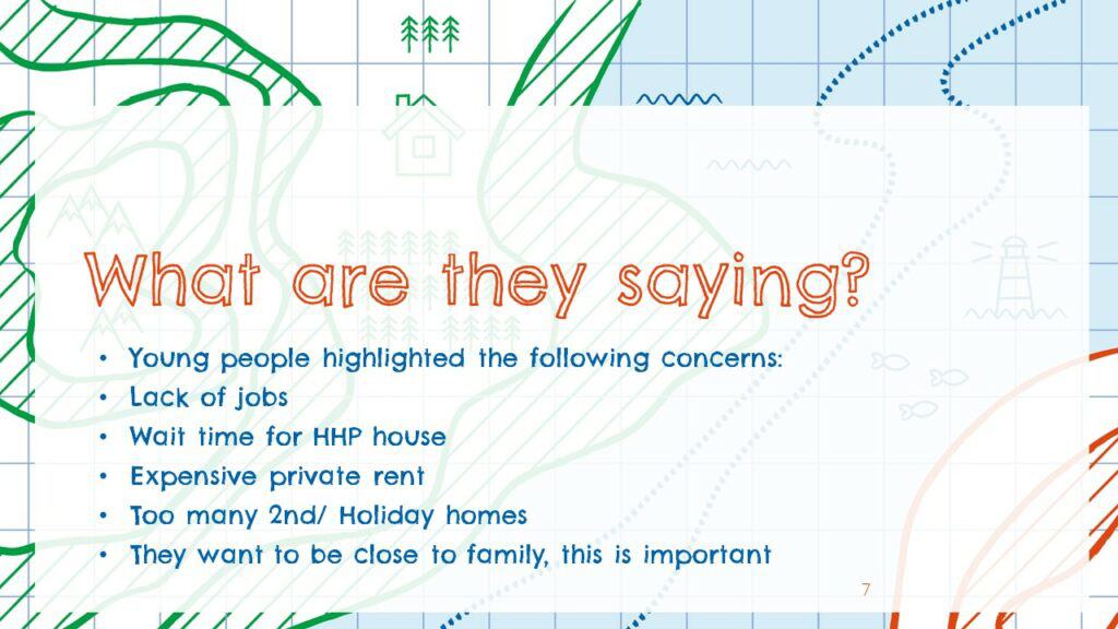 What are they saying?

Young people highlighted the following concerns: 
Lack of jobs
Wait time for HHP house
Expensive private rent
Too many 2nd/holiday homes
They want to be close to family, this is important. 