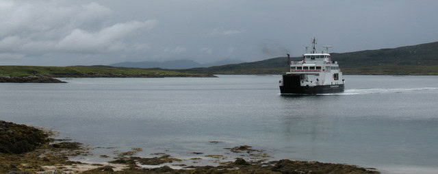 A ferry approaches land at one of Scotland's islands
